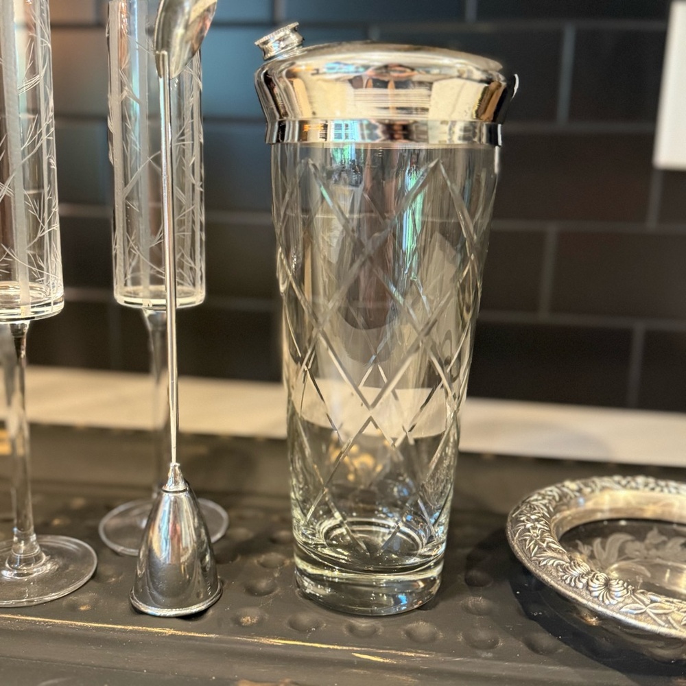 Vintage Cut Crystal and  Silvertone Cocktail Shaker Barware MCM Barcart Art Deco